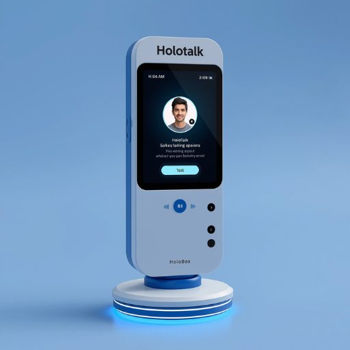 A HoloTalk kiosk: a standing screen with a live AI host