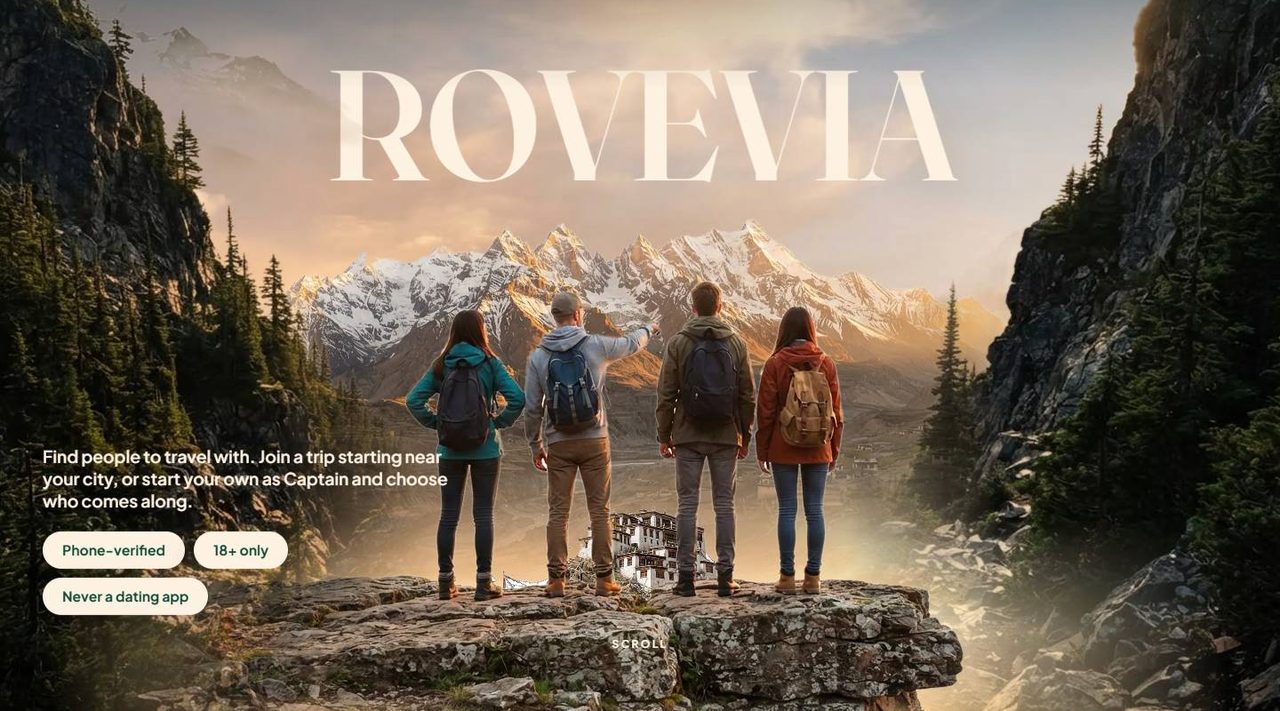 Rovevia: four travellers looking out over snowy mountains